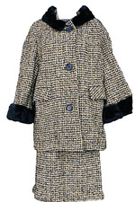 Vintage 1950s black genuine fur swing coat jacket skirt dress set suit wool M