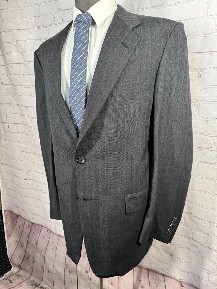 Calça masculina cinza listra de giz lã CLASSIC FIT frente plana 2 peças terno 44L jaqueta 36x31 - Imagem 3 de 4