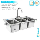 Stainless Steel Drop Sink - 3 Compartment Drop in Sink 10"x14"x10" NSF ||