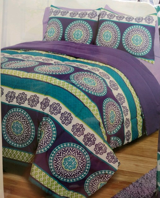 3 Piece Reversible Comforter Set Full 2 Shams Purple Lime Green