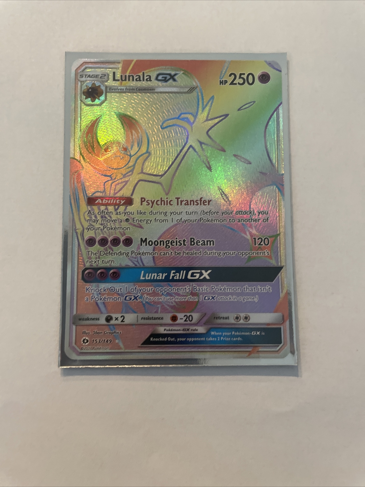 Pokemon Card Lunala GX 153/149 Rainbow Holo Secret Rare Sun Moon NM