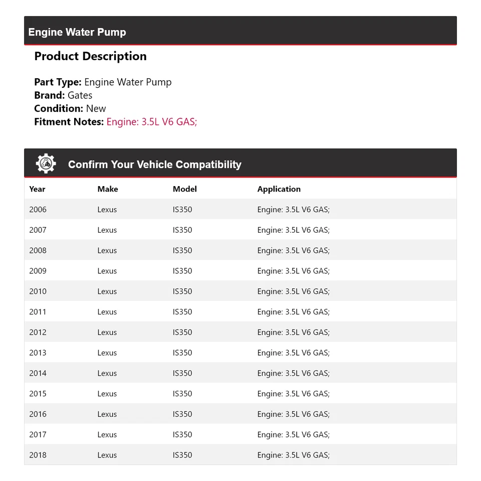 Para Lexus IS350 2006-2018 3,5 L V6 motor de gasolina bomba de agua puertas 2007 2008 2009 Foto 2 de 4