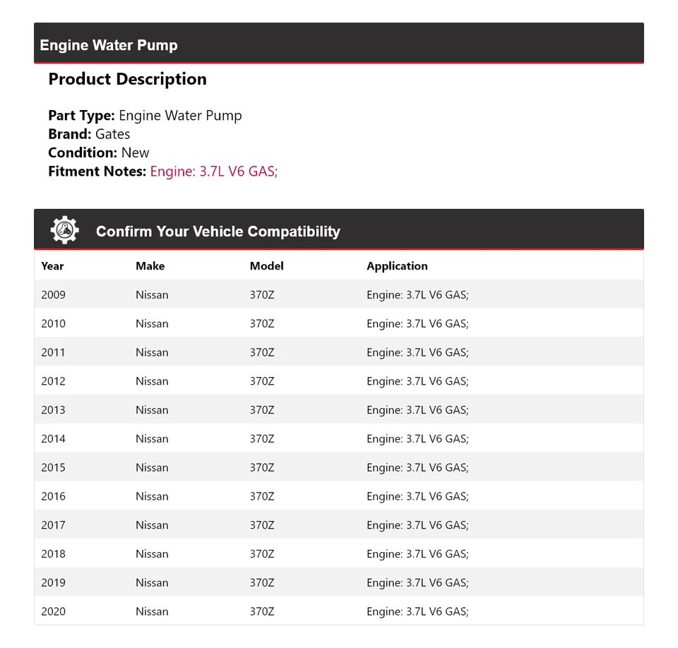 For 2009-2020 Nissan 370Z 3.7L V6 GAS Engine Water Pump Gates 2010 2011 2012 - Image 2 of 4