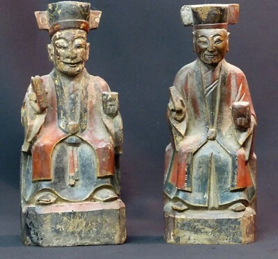 C3 chine Qing 19èm paire statuettes sculptures moine bois polychrome 23c bouddha - Photo 1/4