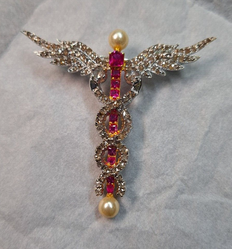 1.5 CT Ruby 2.5 CT Zircon 4 CT Pearl 925 Sterling Silver Brooch - Picture 2 of 4