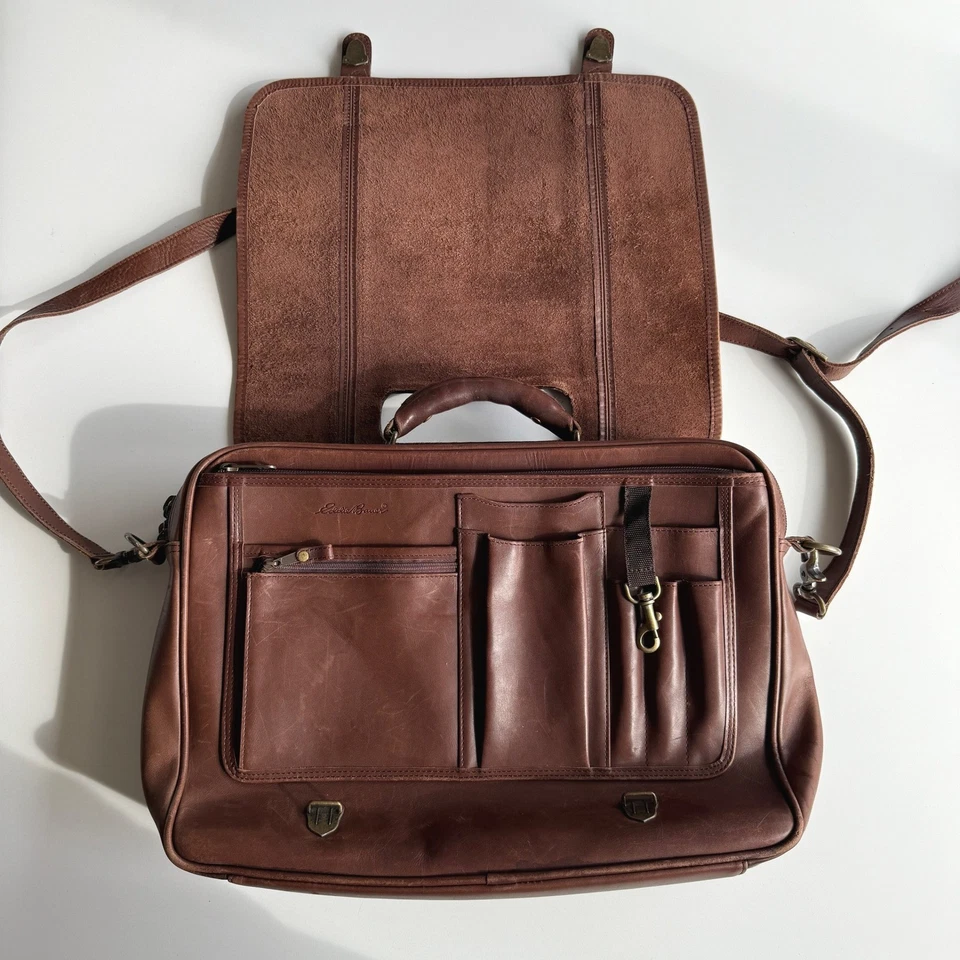 Eddie Bauer De Colección Cuero Mensajero Escolar Utilitario Maletín Marrón Bolso de Hombro Foto 4 de 4