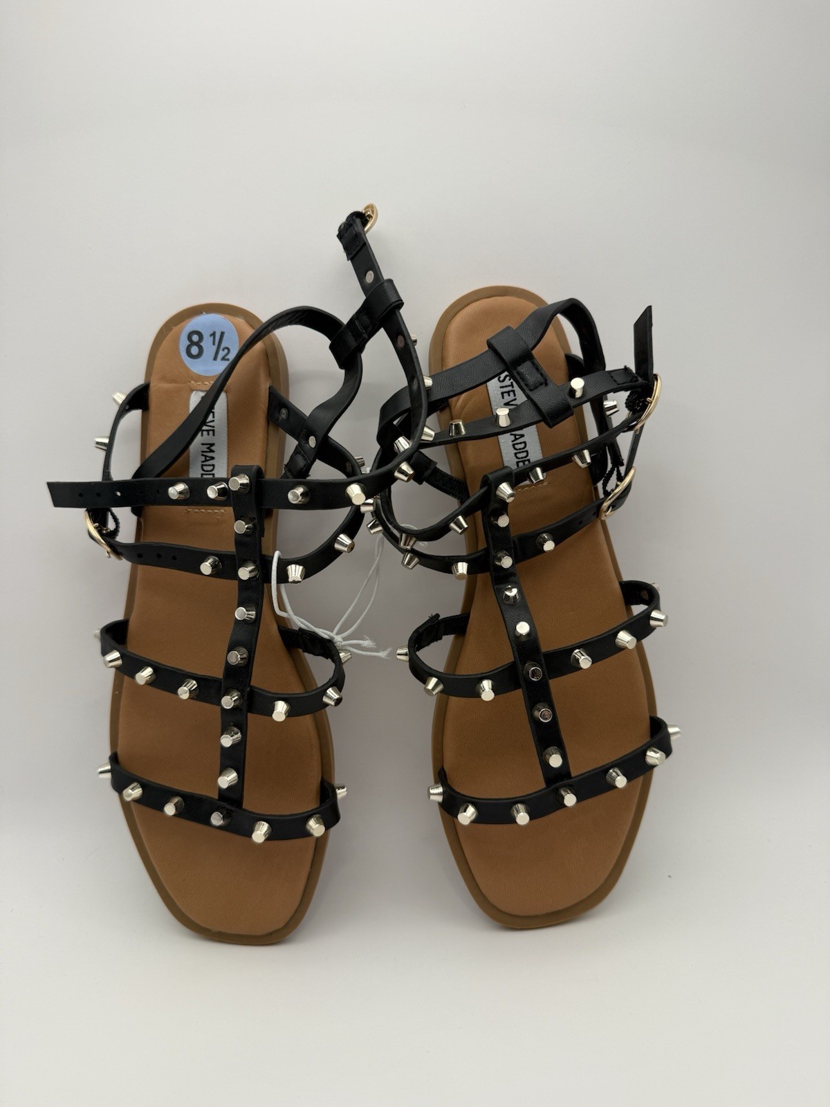 Steve Madden Black Studded Strappy Flat Sandals Buckle PU Women's 8.5