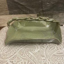 Handmade Studio Pottery Braided Handle Basket Speckled Sage Green Ceramic 8.5"