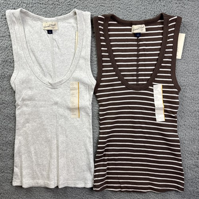 #ad 2x Universal Thread Womens Small Gray Brown Stripe Slim Fit Scoop Tank Top Lot $17.99