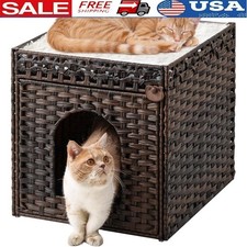 Spacious Indoor Cat House Cozy Cube Bed W/ Soft Cushions Waterproof Rattan Brown