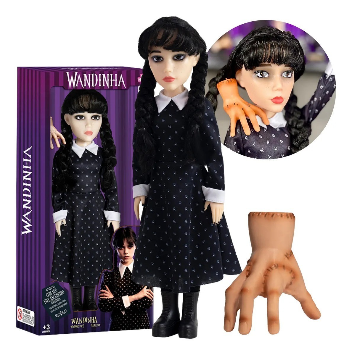 Muñeca Wednesday Addams + vinilo articulado de la mano del miércoles
