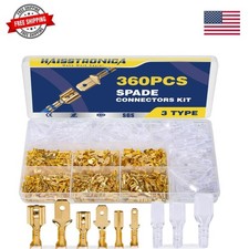 360PCS Spade Connector Kit   2.8/4.8/6.3mm Gold Male  Female Crimp Quick Dis...