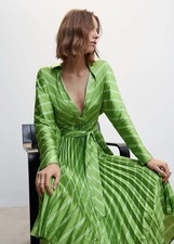 Mango Galo Green Stripe Satin Midi Shirt Dress Sz L Pleated
