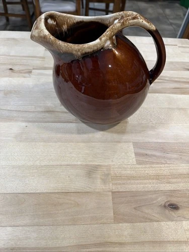 Vintage Hull Oven Proof USA Brown Drip Glaze Ball Pitcher with Ice Lip