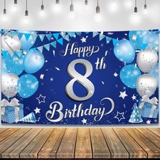 XtraLarge Silver and Blue Happy 8th Birthday Banner - 72x44 Inch | 8th Backdrop 