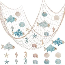 Best 16pcs Nautical Fish Net Wall Decoration Nature Fishing Fishnet Wooden Decor