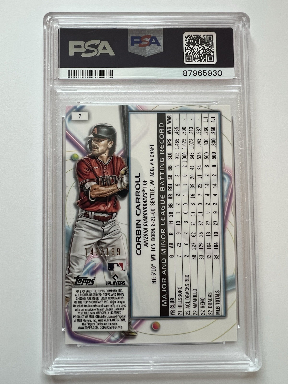 2023 Topps Cosmic Chrome Corbin Carroll Rookie (RC) Aqua Equinox #7 #/199 PSA 10 view 2