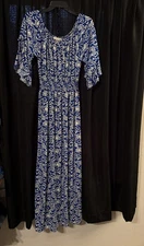 Seven Islands Women's 2x Maxi Dress Summer Blue Whit Floral Plus Glitter Sparkle