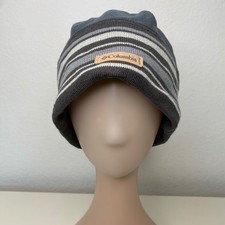 Columbia Unisex Fleece Knit Striped Beanie Hat Grey White Mountain RN69724 O/S