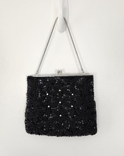 Vintage Handmade Small Black Sequined Purse With Rhinestone Accents, Holiday
