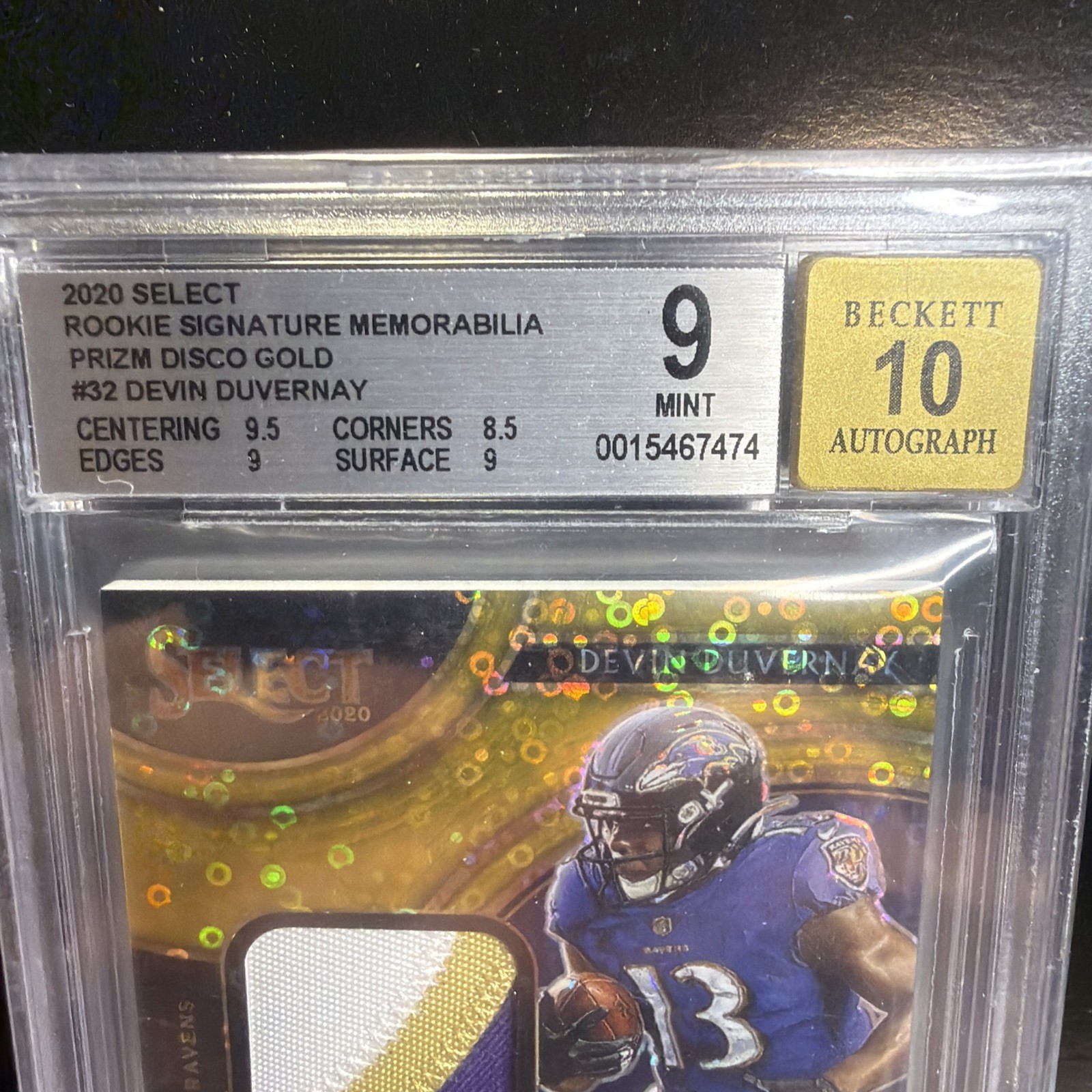2020 Select Devin Duvernay RPA Gold Disco Prizm Patch Auto /10 BGS 9 Auto 10 RC view 2
