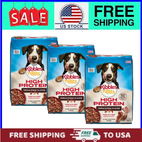 (3 pack) Kibbles 'n Bits High Protein Triple Steak Flavor Dry Dog Food, 14lb Bag