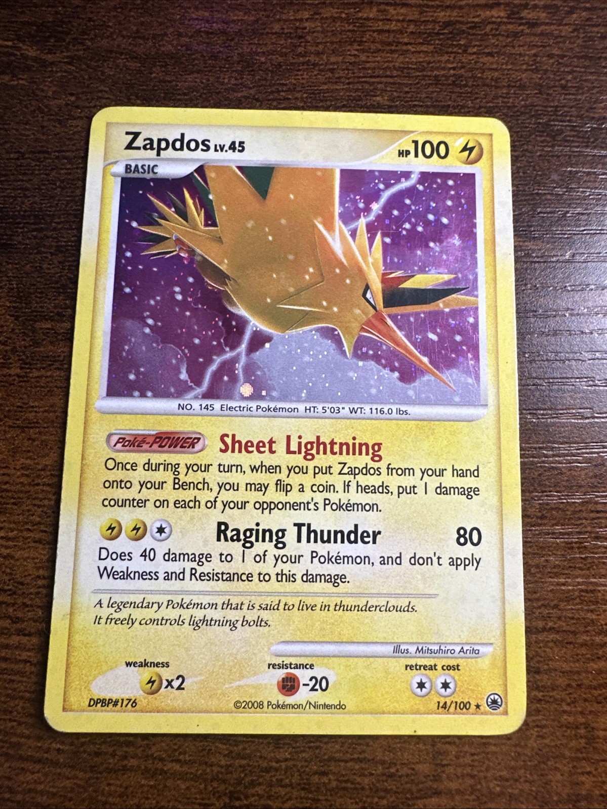 Zapdos 14/100 Rare Holo Diamond Pearl Majestic Dawn 2008 Pokemon TCG Card MP-HP