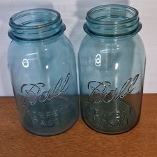 2 Ball Perfect Mason Aqua Blue Glass Quart Jars Mold #6 1923-1933 Antique