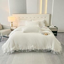 Chic Ruffle Lace Polyester Duvet Cover Set -Girl White Bedding-3 Piece Full D...