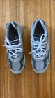 Grey New Balance 992 mens size 9 with white laces, suede overlays, and dark green insoles made in USA.