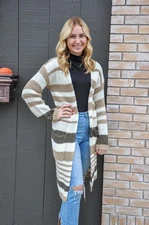Cozy Co  Casual Women’s Long  Cardigan Neutral Brown Stripe M/L Duster
