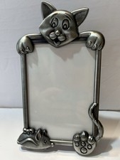 Cat Pewter Metal Photo Picture Frame 3D Kitty And Mouse Holds 3.5 X 5 Vintage