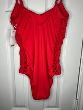TIME AND TRU Red One Piece Swimsuit Size L 12/14 NWT Open Sided