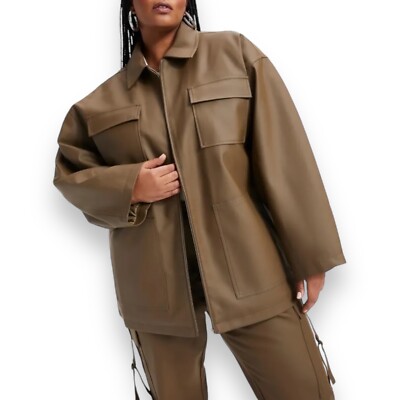 Good American Jacket L Better Than Leather Oversized Chore Brown Shacket Zip