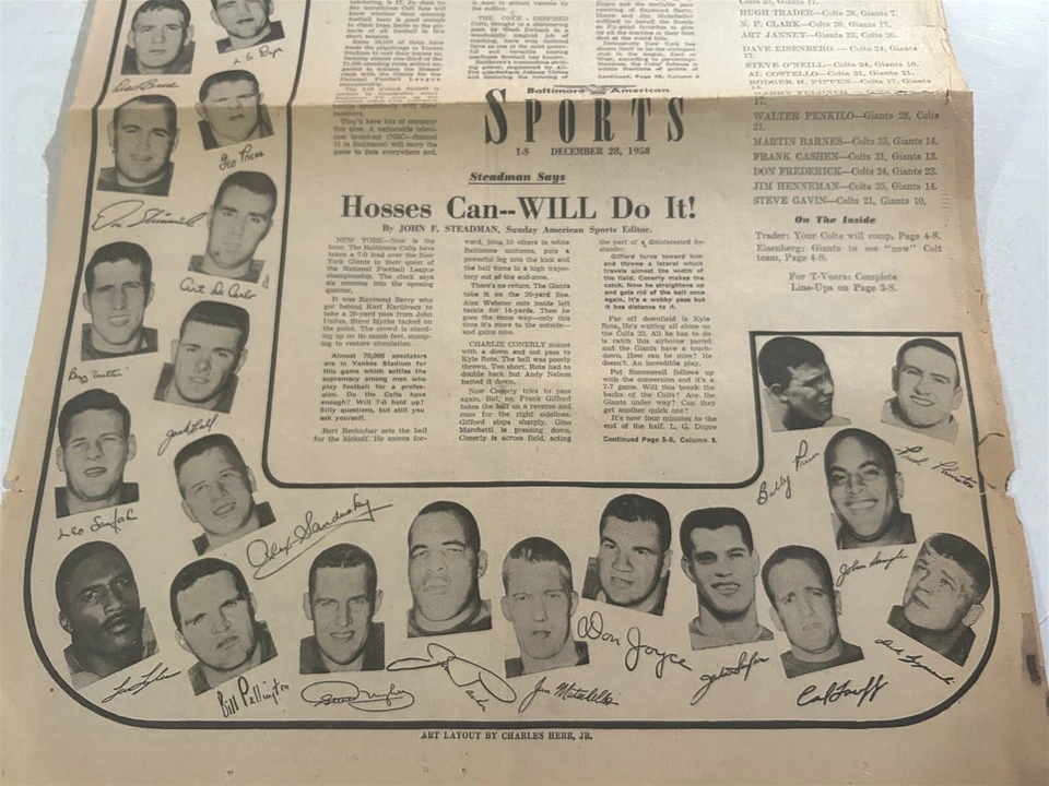 1958 Baltimore American BALTIMORE COLTS Giants JOHNNY UNITAS World Championship - Image 3 of 4