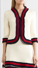 GUCCI Cream Blue Red Ribbon Ruffle Trim Ribbed Wool Hook Front Cardigan XL  10