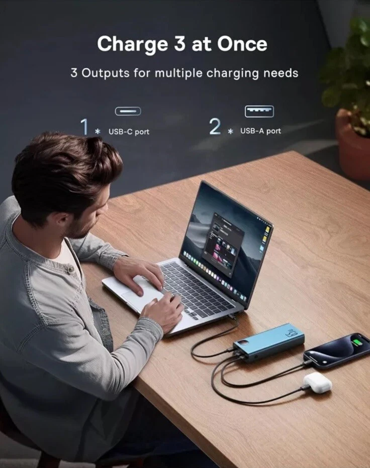 Baseus Power Bank, 65W 20000mAh carregador portátil para laptop, carregamento rápido USB C 4-P - Imagem 4 de 4