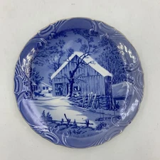 Currier and Ives The Old Homestead in Winter Vintage Blue Collectible Plate