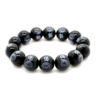 BLACK AGATE WRIST MALA w LOTUS 14mm Buddhist Prayer Bead Stone Stretch Bracelet