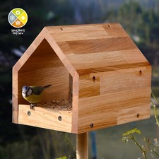 Vogelhaus mit Ständer Futterstation Futtersilo Vogelfutterhaus Eichenholz Braun