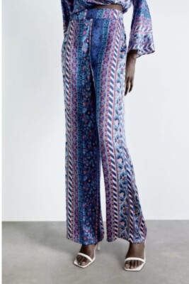 Zara Satin Effect Printed Wide Leg Pajama Style Pants Blue
