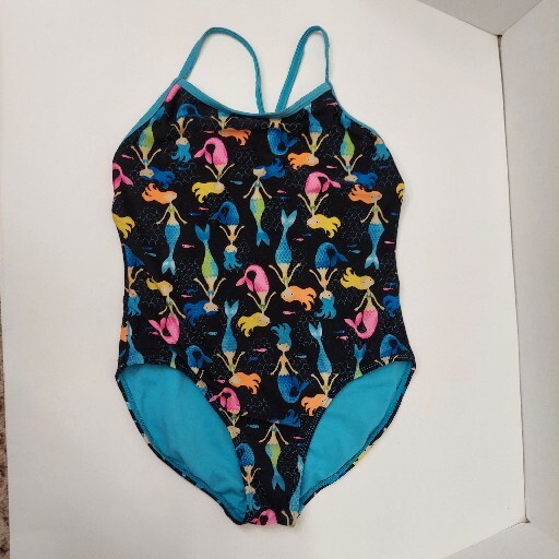 Wonder Nation Mermaid One Piece Swim Bathing Suit Girls 10-12 Black w Blue  Trim