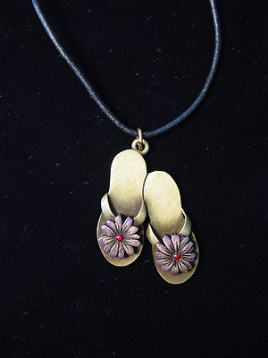 ''JJ'' Jonette Jewelry Bronze Pewter 'DAISY Flip Flops' 18'' Necklace 