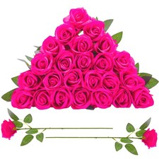 24 Pcs Hot Pink Rose Artificial Flowers with Long Stem Real Touch Silk Roses ...