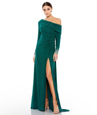 MAC DUGGAL Emerald Green Beaded Cuff Drop Shoulder Faux Wrap Gown Dress Size 10