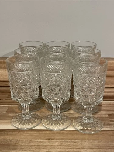 Vintage Anchor Hocking Wexford 9 PC Wine Water Glasses Goblets 6.5" Tall 8 oz