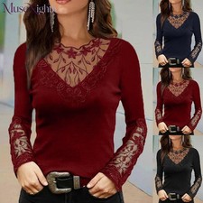 Women Lace Long Sleeve V-Neck T-Shirt Ladies Casual Loose Blouse Shirt Slim Tops
