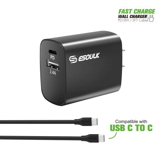 Fast Charging 18W Power Delivery USB-C 2.4A & USB-a Port Home Charger with Cable - Image 2 of 4