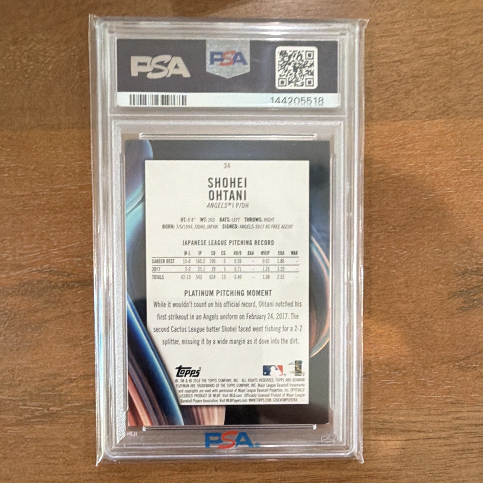 Bowman 2018 Bowman Platinum Shohei Ohtani With Glove RC Rookie #34 PSA 8 view 3