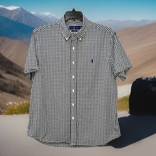 RALPH LAUREN Button Down Shirt XL Blue Checkered Custom Fit Short Sleeve Mens